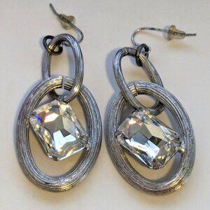GRAZIANO Silver Tone Large Clear Faceted Crystal Oval Dangle Pierced Earrings